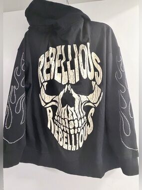 Graphic Hoodie with Rhinestone Flame Sleeves